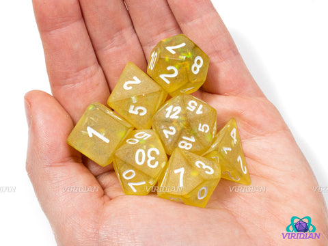 Bahama Mama | Semi-Opaque, Matte/Frosted, Yellow & White, Sequin Reflectors | Resin Dice Set (7)