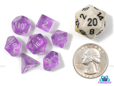 Tiny Lavender | Mini Light-Purple Translucent, Silver Ink | Acrylic Dice Set (7)