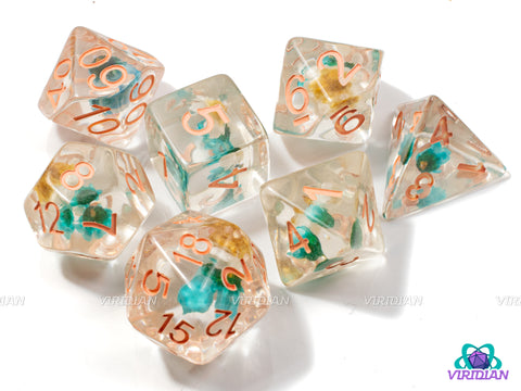 Luau | Blue and Yellow-White Flowers Inside, Clear, Peach Ink | Resin Dice Set (7)