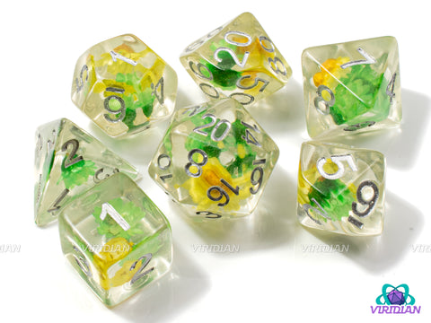 Sunflower Fields | Lime Green & Bright Yellow, Translucent-Clear | Resin Dice Set (7)