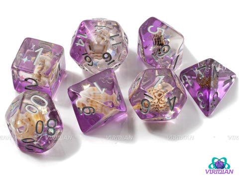 Orchid Shores | Sea Shell, Translucent-Purple, Clear, Real Conch | Resin Dice Set (7)