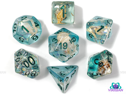 Caribbean Crush | Sea Shell, Translucent Light-Blue, Gold Foil Stars/Moons, Conch, Green Ink | Resin Dice Set (7)