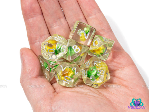 Sunflower Fields | Lime Green & Bright Yellow, Translucent-Clear | Resin Dice Set (7)