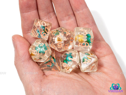 Luau | Blue and Yellow-White Flowers Inside, Clear, Peach Ink | Resin Dice Set (7)