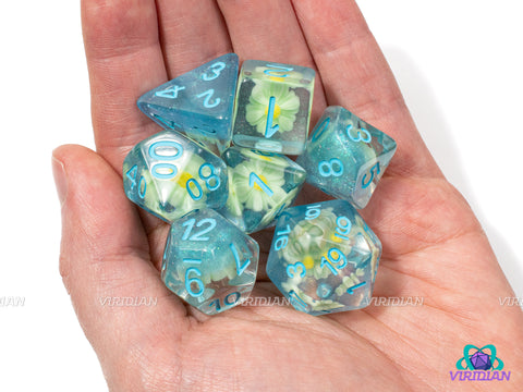 Blue-Eyed Daisy | White and Yellow Flower, Blue-Translucent | Resin Dice Set (7)