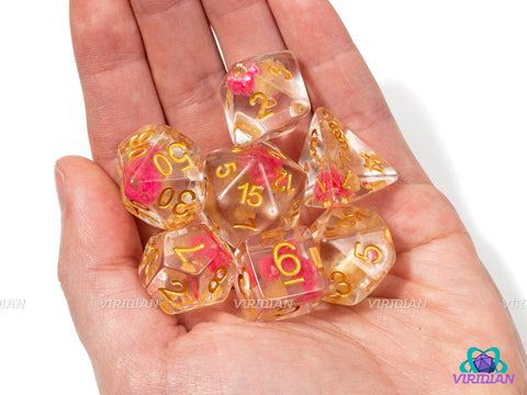Cherry Blossom | Hot Pink-Red and Cream-Tan Flowers, Clear | Resin Dice Set (7)