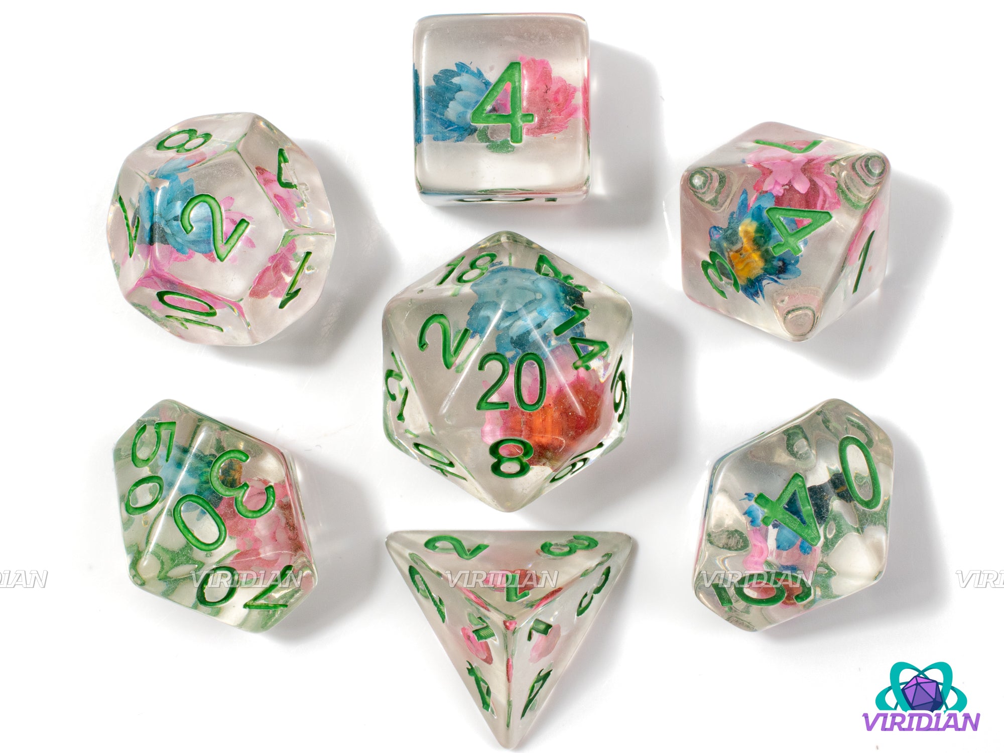 Icing & Flowers | Pink and Blue Flowers, Clear | Resin Dice Set (7)
