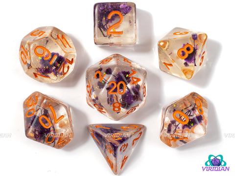 Nightshade | Purple Flowers, Clear-Translucent, Orange Ink | Resin Dice Set (7)