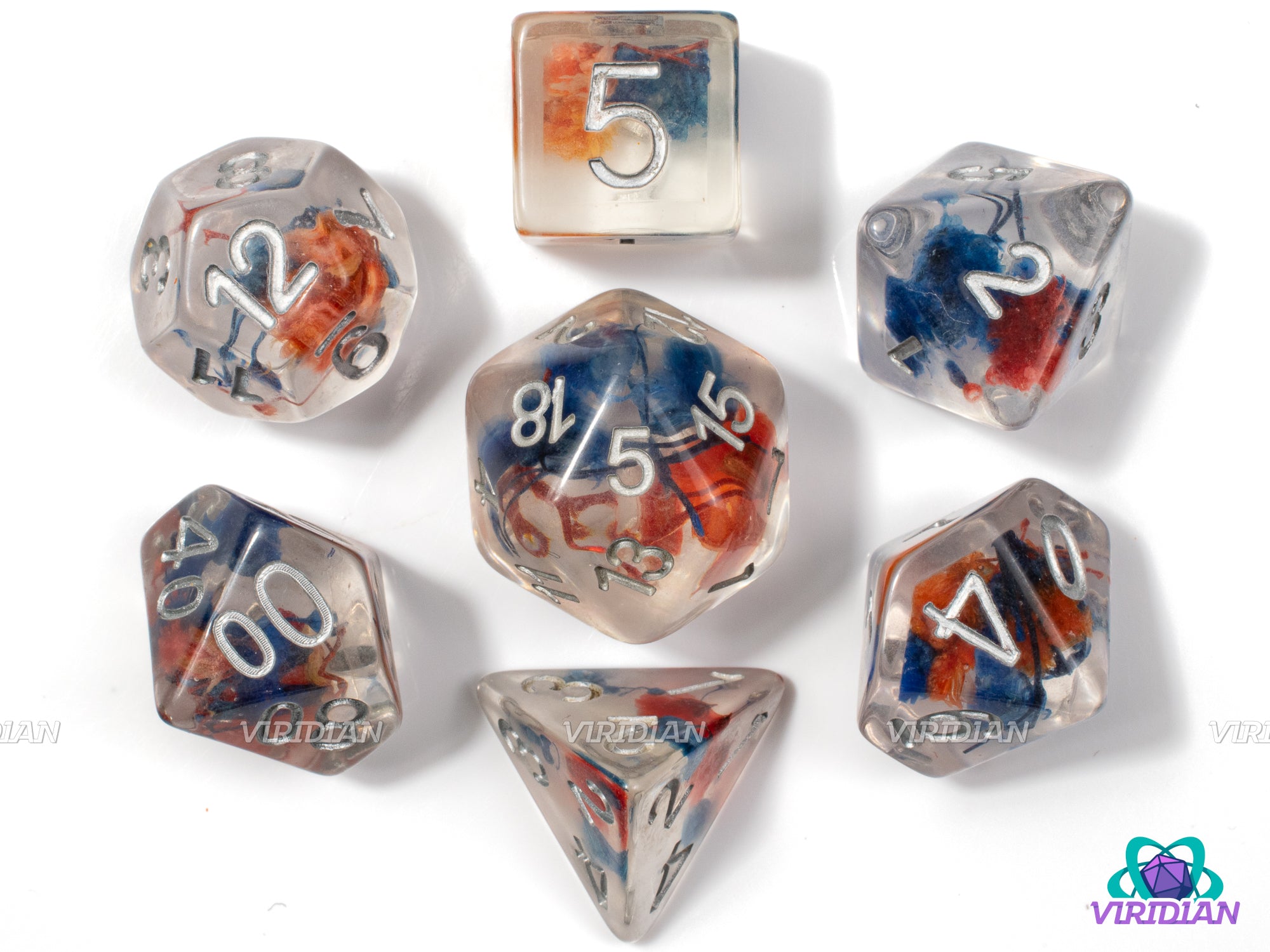 Red & Blue Flowers | Deep Navy Blue, Crimson, Silver Ink, Clear | Resin Dice Set (7)