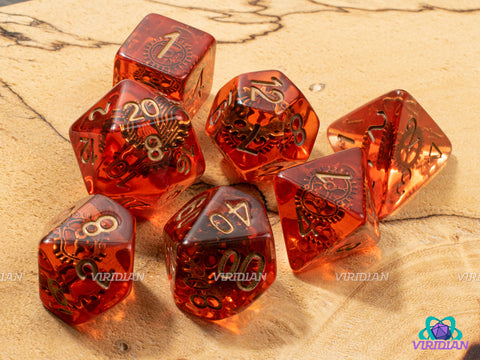 Clockwork Orange | Translucent Red-Orange w Copper Gears, Gold Ink | Resin Dice Set (7)