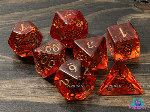 Clockwork Orange | Translucent Red-Orange w Copper Gears, Gold Ink | Resin Dice Set (7)