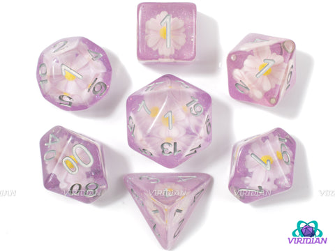 Gumdrop Daisies | White and Yellow Resin Daisy Flower, Purple Translucent, Clear | Resin Dice Set (7)
