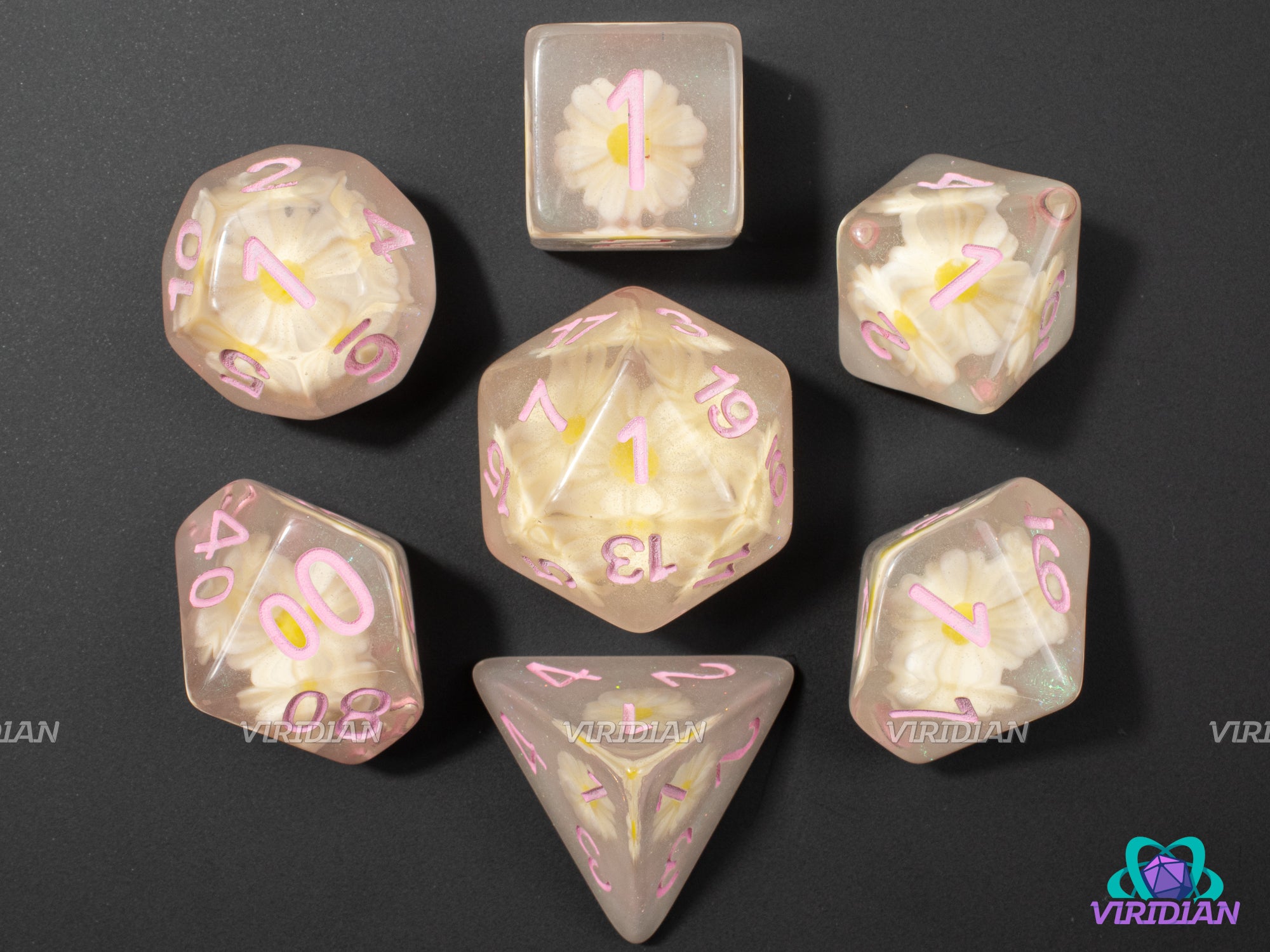Pink Daisies | White and Yellow Resin Daisy Flower, White Glitter, Pink Ink, Clear | Resin Dice Set (7)
