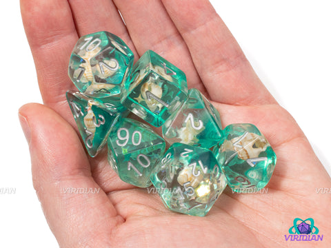 Island Breeze | Sea Shell, Conch, Turquoise/Teal Translucent & Clear, Foil Stars | Resin Dice Set (7)
