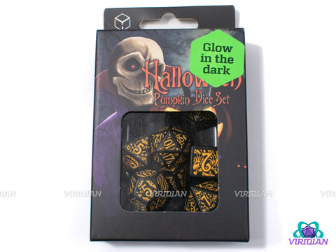 Halloween Jack O' Lantern | Black & Orange, Glow In The Dark, Spooky/Halloween, Pumpkins, Bats  | Acrylic Dice Set (7)