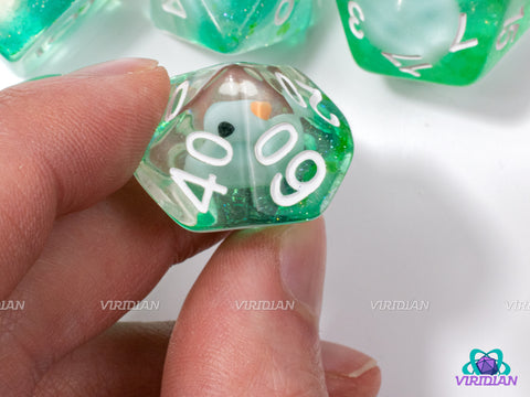 On The Pond | Light Blue Duck, Green-Teal Glittery Sea Layer | Resin Dice Set (7)