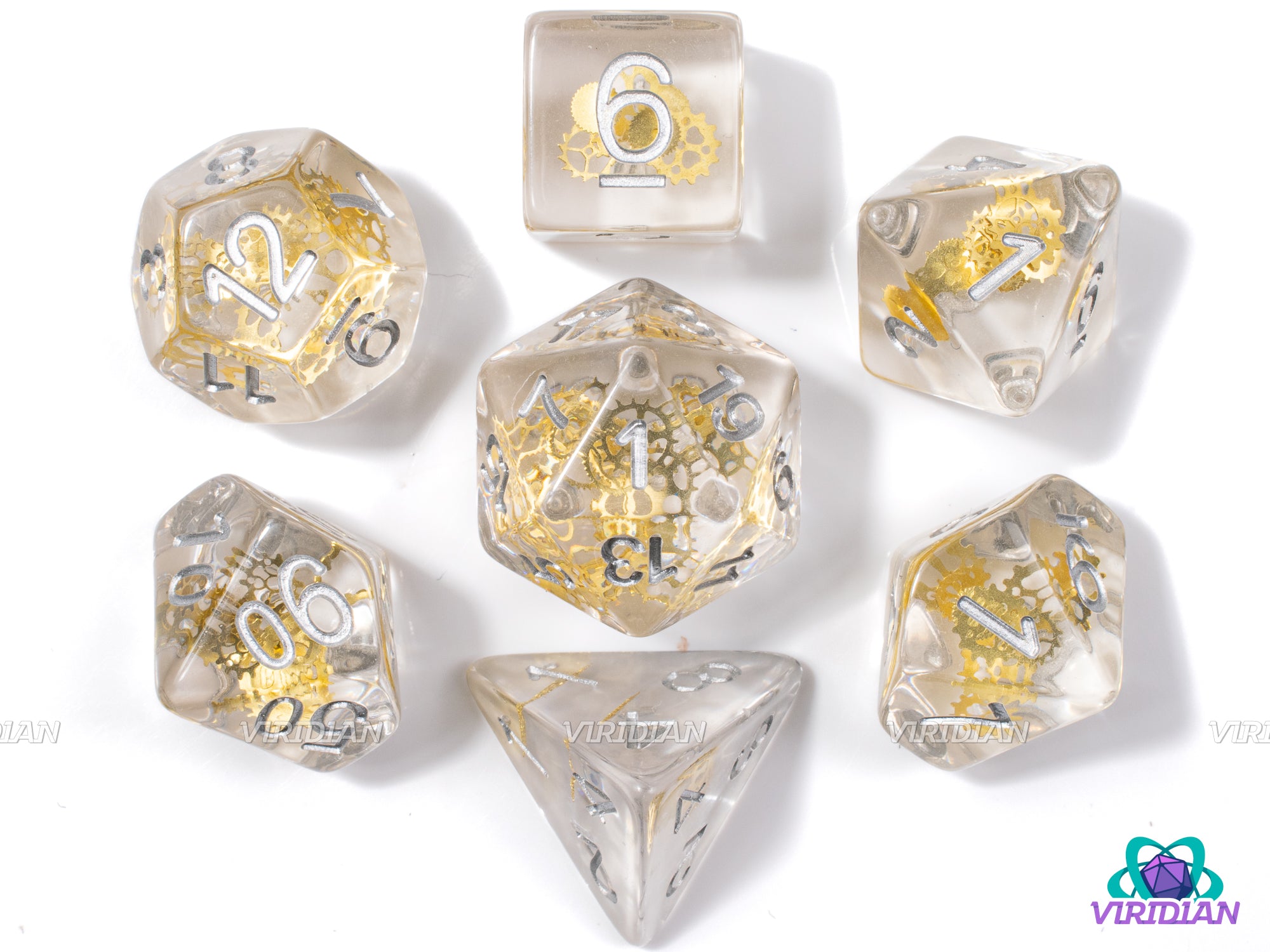 Golden Gears | Shiny Bright Yellow-Gold, Clear-Translucent | Resin Dice Set (7)