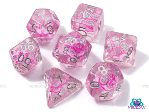 Dungeons & Dragonfruit | Pomegranate, Hot and Pastel Pink, White, Translucent | Resin Dice Set (7)