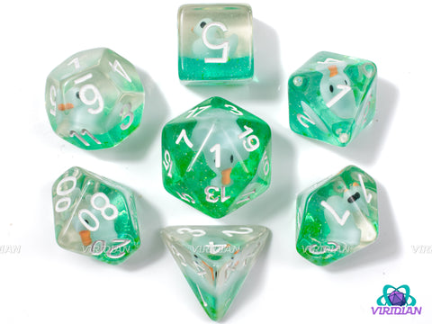 On The Pond | Light Blue Duck, Green-Teal Glittery Sea Layer | Resin Dice Set (7)