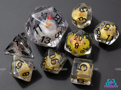 Coop de Grâce | Derpy Chicken Family, Rooster, Chicks, Egg, Giant D20, Clear | Resin Dice Set (7+1)