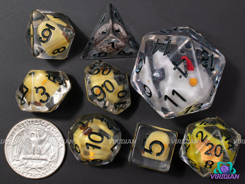 Coop de Grâce | Derpy Chicken Family, Rooster, Chicks, Egg, Giant D20, Clear | Resin Dice Set (7+1)