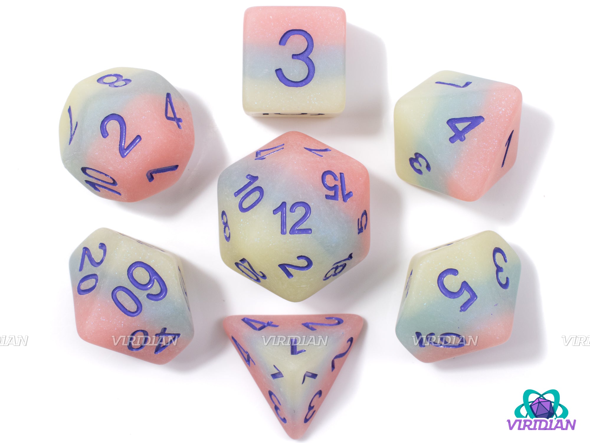 Iced Primaries | Matte Pastel Blue, Pink and Yellow-Green Layers, Slight Glisten, Frosted, Purple Ink | Resin Dice Set (7)