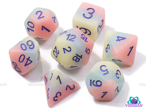 Iced Primaries | Matte Pastel Blue, Pink and Yellow-Green Layers, Slight Glisten, Frosted, Purple Ink | Resin Dice Set (7)
