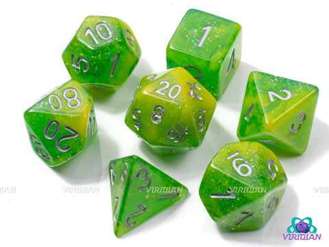Limeade | Green and Bright Yellow, Foil and Glitter, Swirls, Treasure | Resin Dice Set (7)