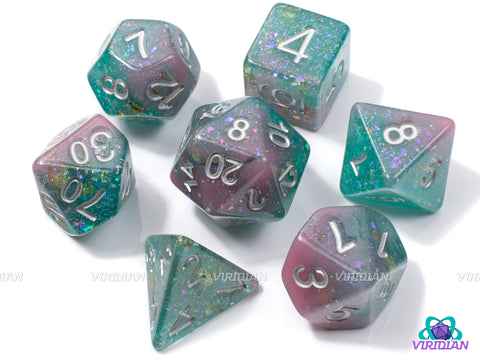 Great Barrier Reef | Teal-Green and Pink, Treasure Glitter, Gold Foil | Resin Dice Set (7)