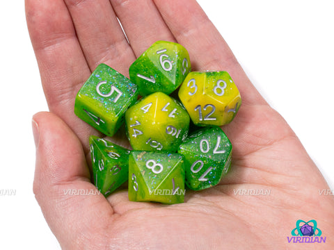 Limeade | Green and Bright Yellow, Foil and Glitter, Swirls, Treasure | Resin Dice Set (7)