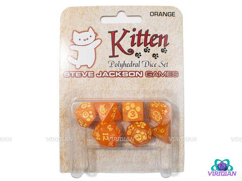 Kitten! (Orange) | Bright-Orange Pearled, Pastel Yellow-Orange Inked, Pawprint and Cute Cat Face | Acrylic Dice Set (7)