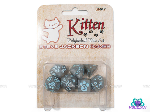 Kitten! (Gray) | Gray-Silver Pearled, Light Blue Inked, Pawprint and Cute Cat Face | Acrylic Dice Set (7)