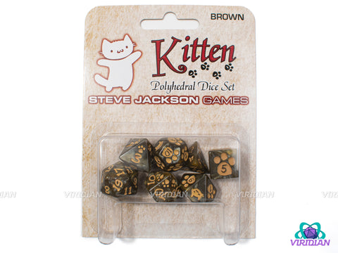 Kitten! (Brown) | Brown Pearled, Light Brown/Tan Inked, Pawprint and Cute Cat Face | Acrylic Dice Set (7)