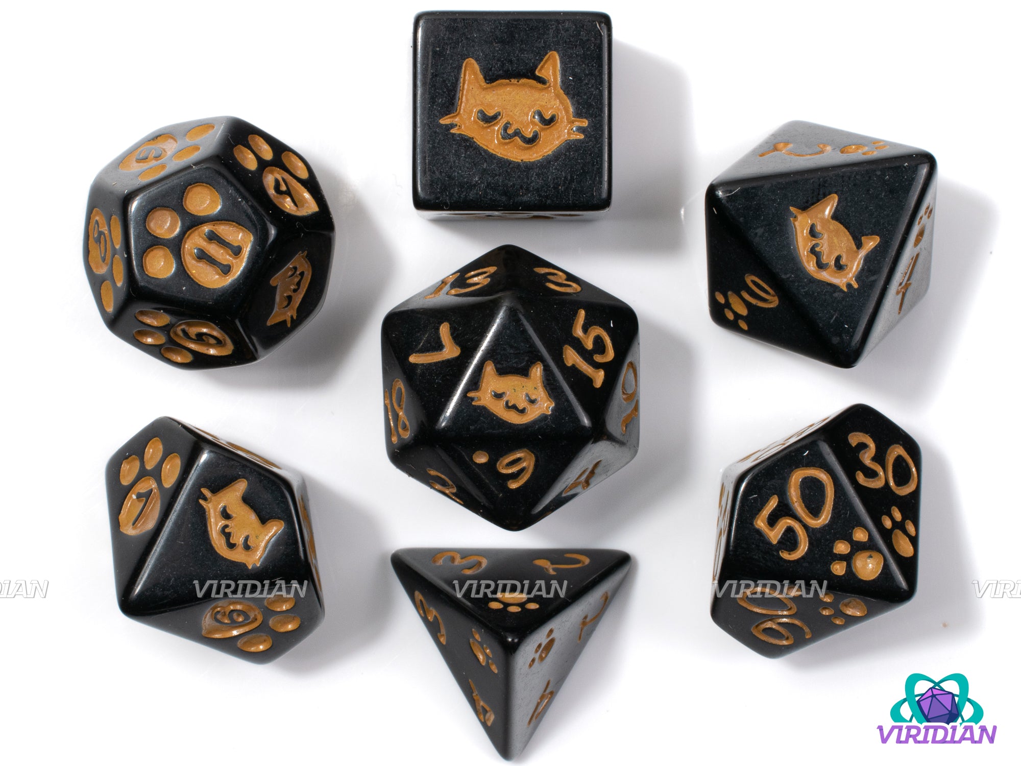 Kitten! (Black) | Black Pearled, Brown Inked, Pawprint and Cute Cat Face, Meow | Acrylic Dice Set (7)
