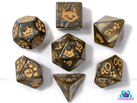 Kitten! (Brown) | Brown Pearled, Light Brown/Tan Inked, Pawprint and Cute Cat Face | Acrylic Dice Set (7)