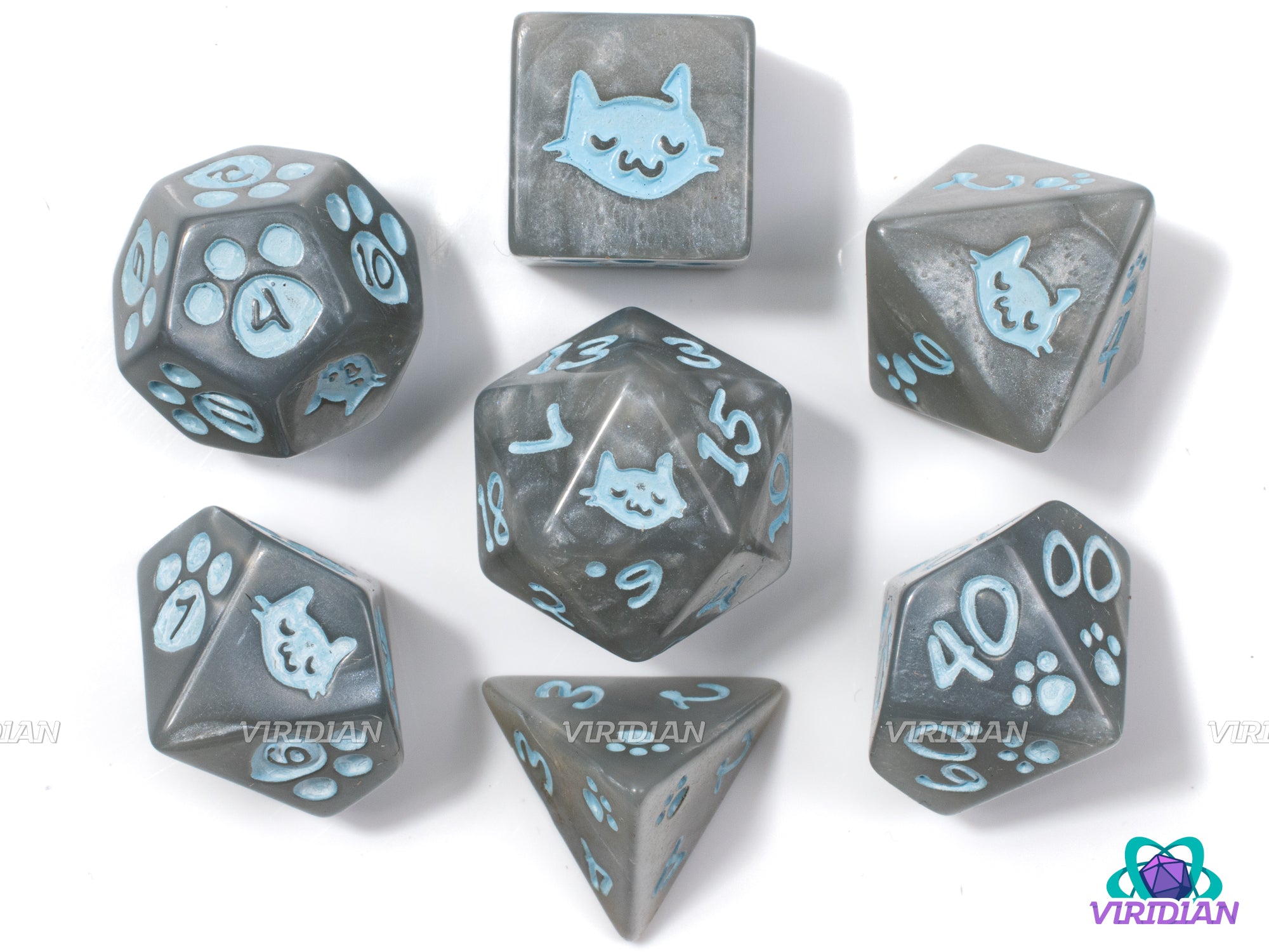 Kitten! (Gray) | Gray-Silver Pearled, Light Blue Inked, Pawprint and Cute Cat Face | Acrylic Dice Set (7)