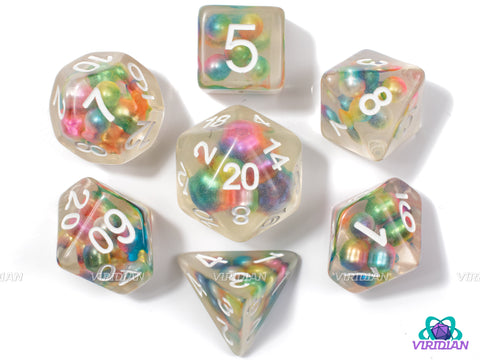 Magic Pearl | Clear, Rainbow Pastel Multi-Colored Pearls, White Ink | Resin Dice Set (7)