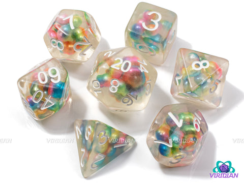 Magic Pearl | Clear, Rainbow Pastel Multi-Colored Pearls, White Ink | Resin Dice Set (7)