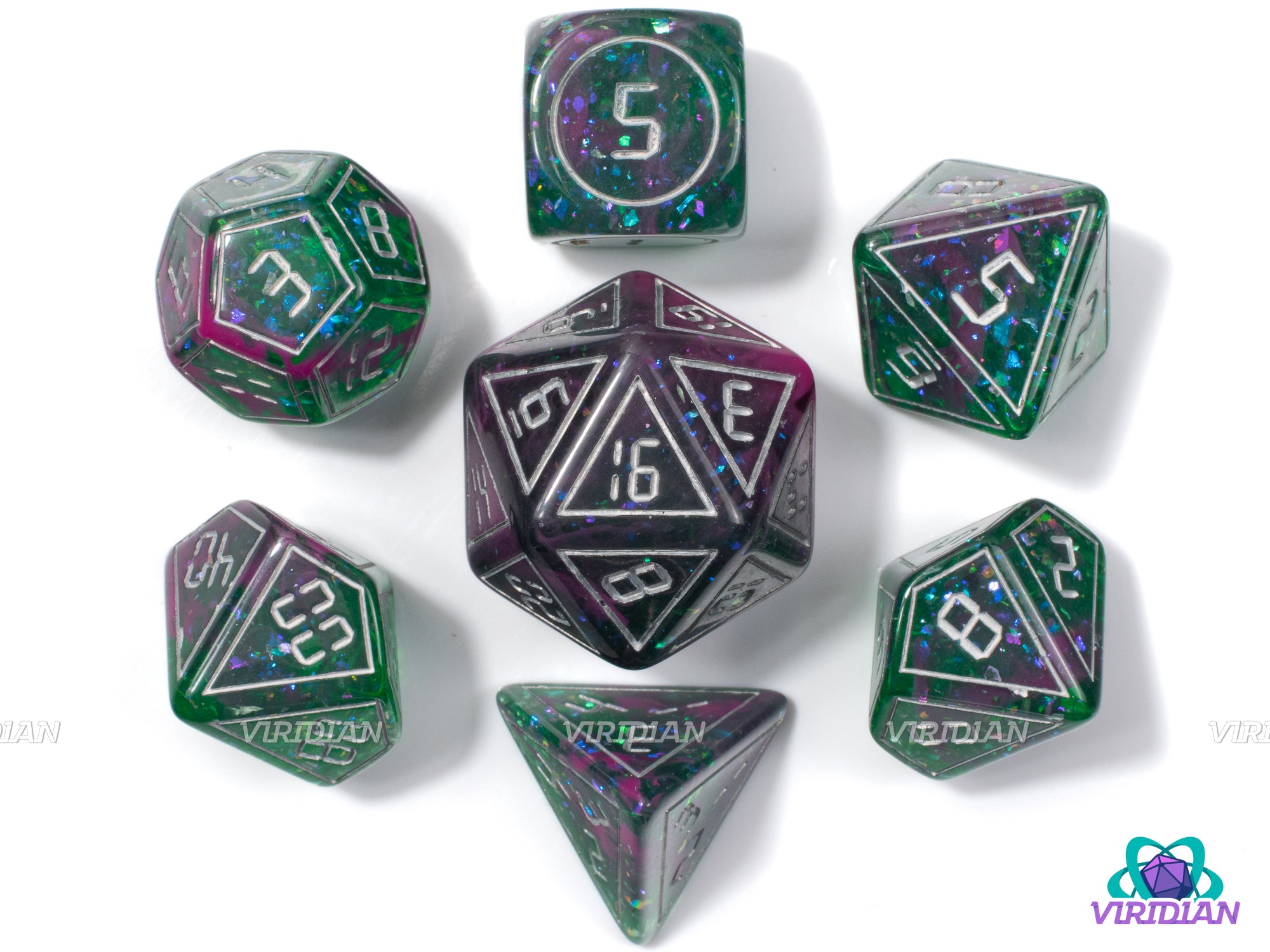 Planetary | Green and Dark Purple-Pink, Foil & Glitter, Digital Font, Silver Accents | Resin Dice Set (7)