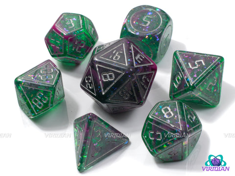 Planetary | Green and Dark Purple-Pink, Foil & Glitter, Digital Font, Silver Accents | Resin Dice Set (7)