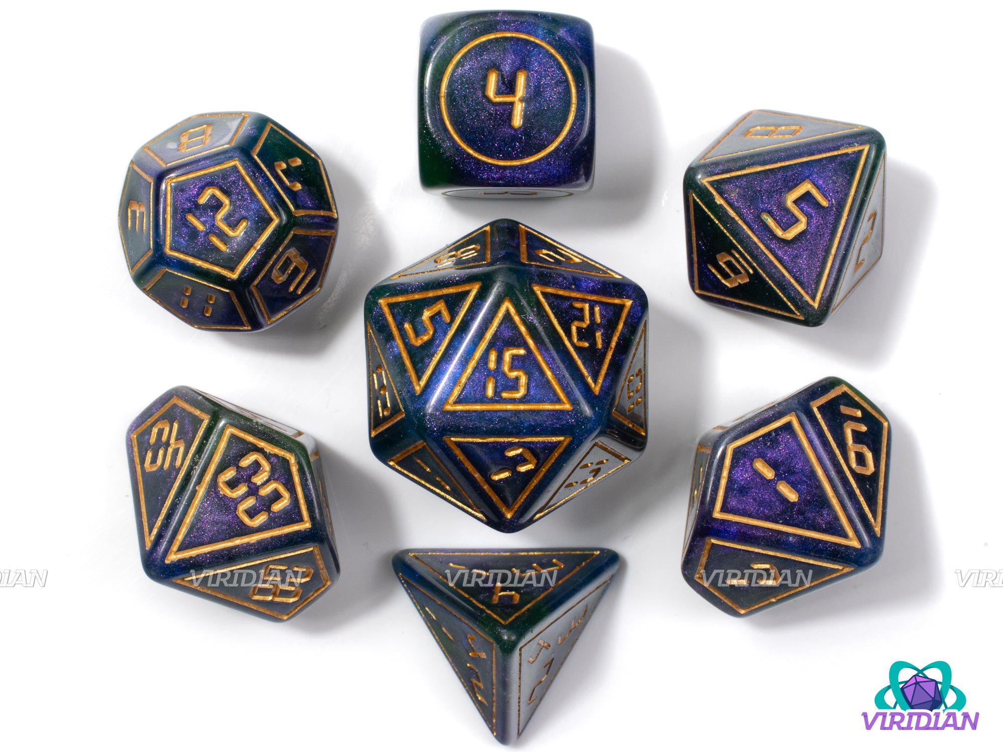 Another Dimension | Purple-Blue & Green-Black, Glittery, Digital Gold Font w Accents | Resin Dice Set (7)