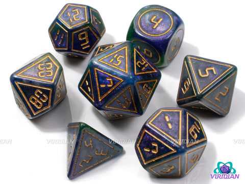 Another Dimension | Purple-Blue & Green-Black, Glittery, Digital Gold Font w Accents | Resin Dice Set (7)