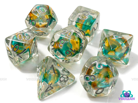 Crown Jewel | Teal, Golden-Orange Glass Bead, Clear, Silver Ink | Resin Dice Set (7)