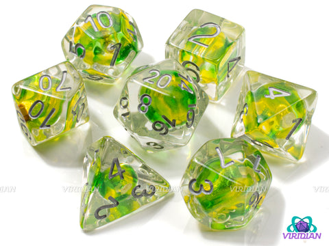 Toxic Bubble | Lime Green & Light Yellow Glass Bead, Clear | Resin Dice Set (7)
