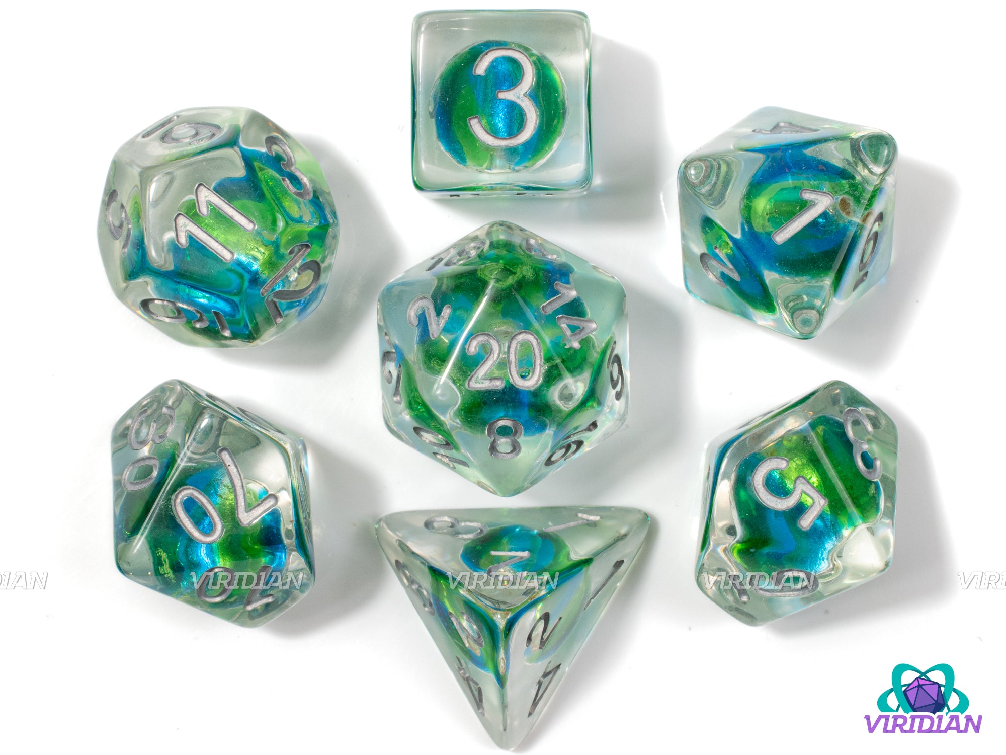 Earthsphere | Light Blue & Green Bead Inclusion, Clear, Silver Ink | Resin Dice Set (7)