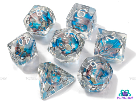 Forcefield | Aqua-Blue, Purple & Clear Glass Bead, Clear | Resin Dice Set (7)