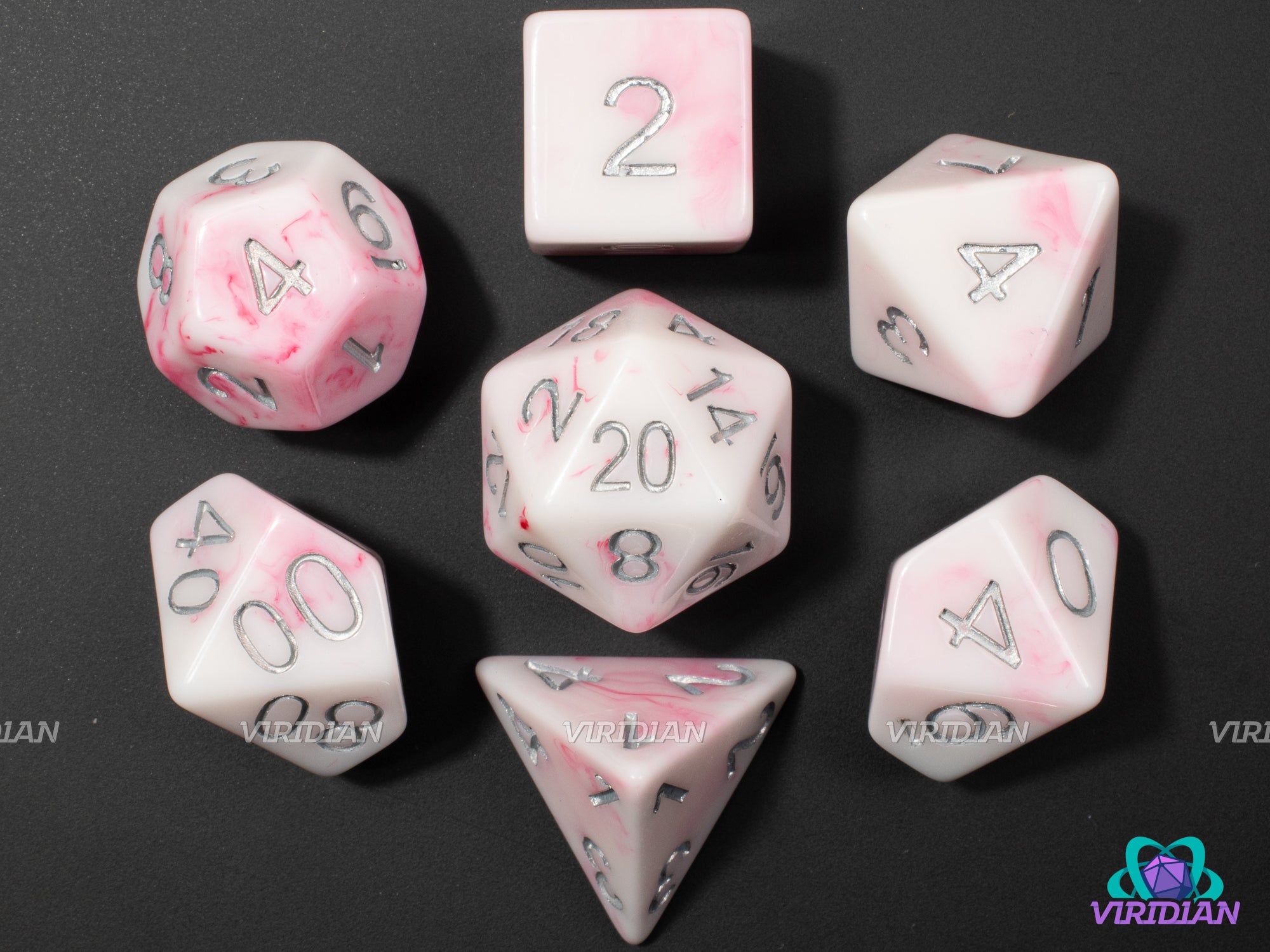 Rosy Marble | White and Pink Swirls, Marbled, Silver Ink | Resin Dice Set (7)