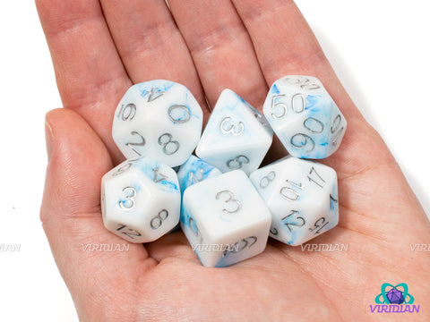 Mountain Perch | White and Aqua Light Blue Swirled, Clear Skies, Marbled | Resin Dice Set (7)