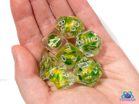 Toxic Bubble | Lime Green & Light Yellow Glass Bead, Clear | Resin Dice Set (7)