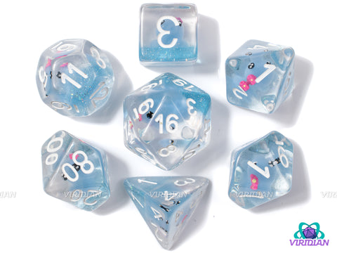 Derpy Octopus | Octo with Pink Bow, Light Blue-Aqua Glitter Layer, Clear | Resin Dice Set (7)